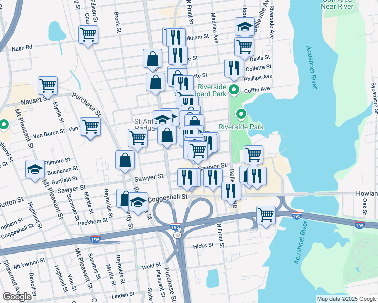 map of restaurants, bars, coffee shops, grocery stores, and more near 1285 Acushnet Avenue in New Bedford
