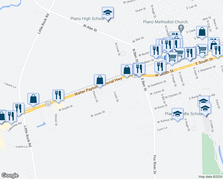 map of restaurants, bars, coffee shops, grocery stores, and more near 902 West South Street in Plano