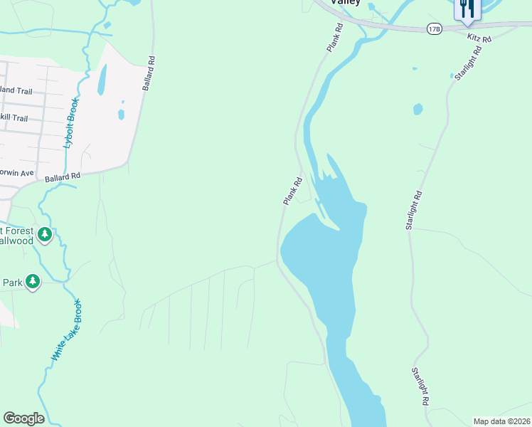 map of restaurants, bars, coffee shops, grocery stores, and more near 122 Plank Road in Mongaup Valley