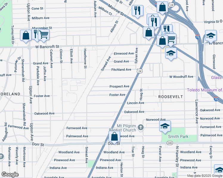 map of restaurants, bars, coffee shops, grocery stores, and more near 1354 Prospect Avenue in Toledo