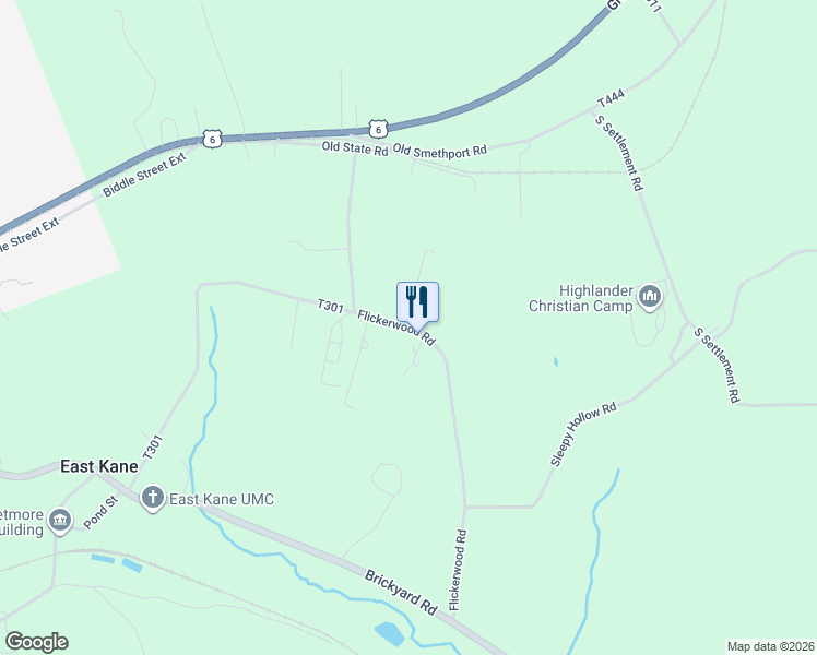 map of restaurants, bars, coffee shops, grocery stores, and more near Flickerwood Road in Kane