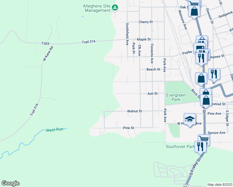 map of restaurants, bars, coffee shops, grocery stores, and more near 498 Ash Street in Kane