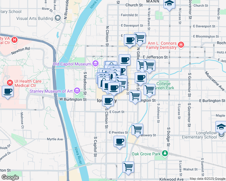 map of restaurants, bars, coffee shops, grocery stores, and more near 121 East College Street in Iowa City