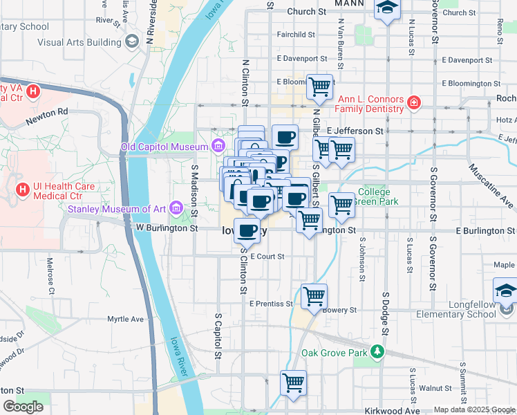 map of restaurants, bars, coffee shops, grocery stores, and more near 121 East College Street in Iowa City