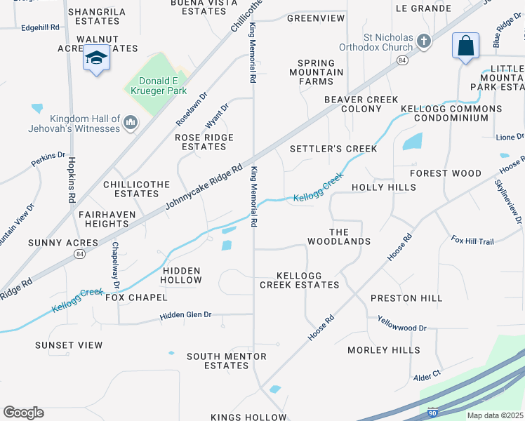 map of restaurants, bars, coffee shops, grocery stores, and more near 7746 King Memorial Road in Mentor