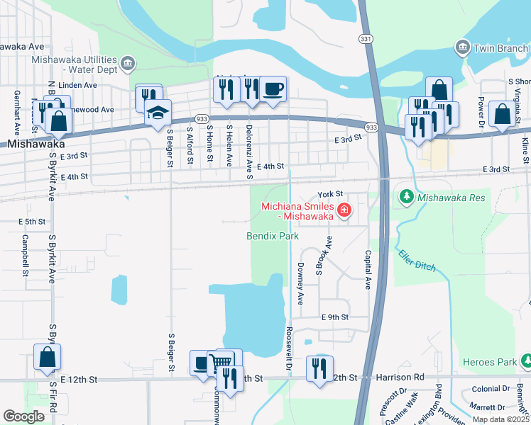 map of restaurants, bars, coffee shops, grocery stores, and more near 300 Delorenzi Avenue South in Mishawaka