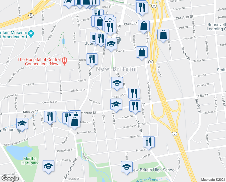 map of restaurants, bars, coffee shops, grocery stores, and more near 82 Bassett Street in New Britain