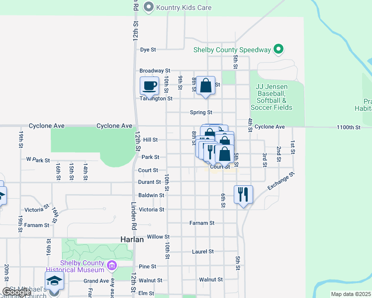 map of restaurants, bars, coffee shops, grocery stores, and more near 804 Hill Street in Harlan