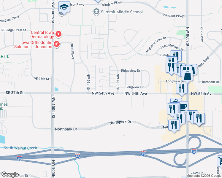 map of restaurants, bars, coffee shops, grocery stores, and more near 54514 Longview Court in Johnston