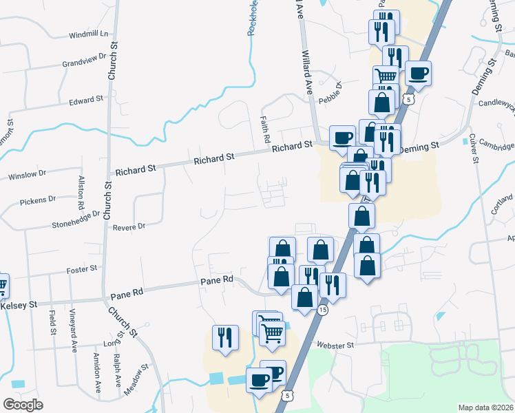 map of restaurants, bars, coffee shops, grocery stores, and more near 198 Holland Drive in Newington