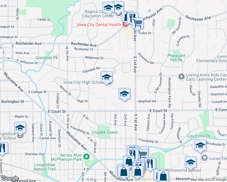 map of restaurants, bars, coffee shops, grocery stores, and more near 1900 Morningside Drive in Iowa City