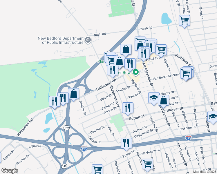 map of restaurants, bars, coffee shops, grocery stores, and more near 943 Shawmut Avenue in New Bedford