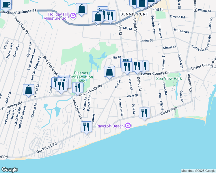 map of restaurants, bars, coffee shops, grocery stores, and more near 330 Lower County Road in Dennis