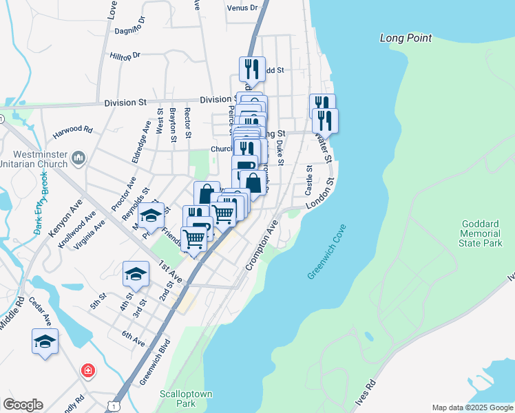 map of restaurants, bars, coffee shops, grocery stores, and more near 310 Main Street in East Greenwich
