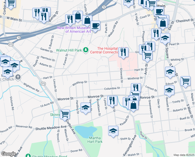 map of restaurants, bars, coffee shops, grocery stores, and more near 218 Hart Street in New Britain