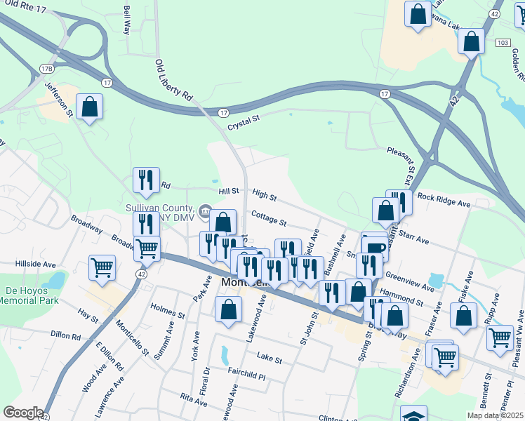 map of restaurants, bars, coffee shops, grocery stores, and more near 44 Cottage Street in Monticello