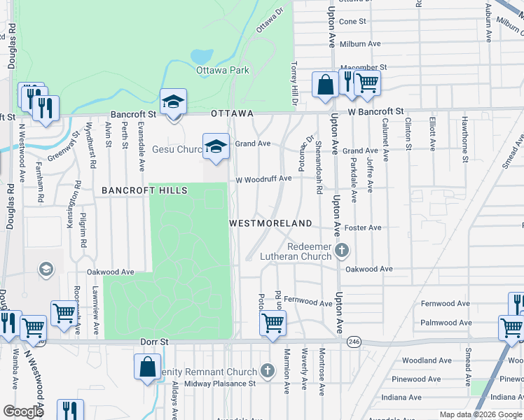 map of restaurants, bars, coffee shops, grocery stores, and more near 1959 Richmond Road in Toledo