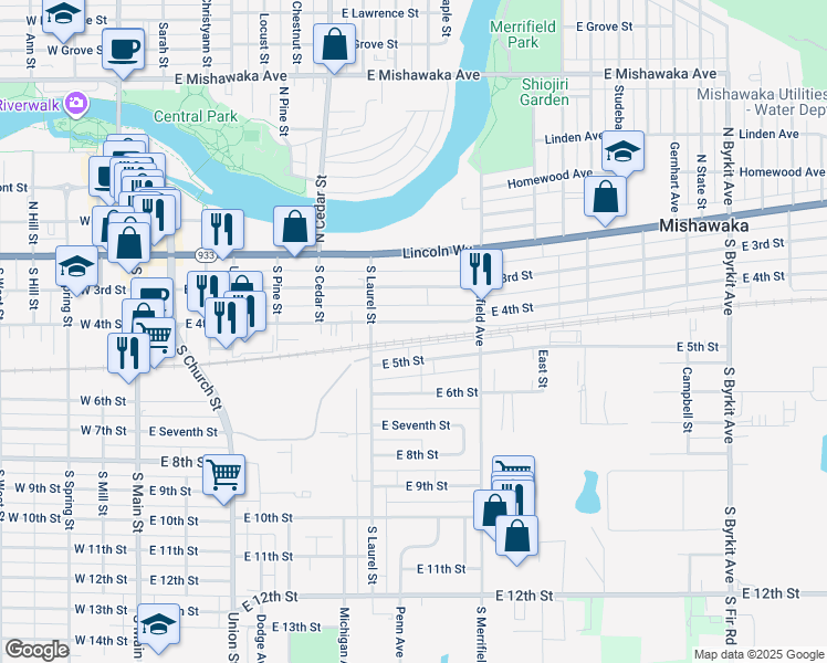 map of restaurants, bars, coffee shops, grocery stores, and more near 724 East 4th Street in Mishawaka