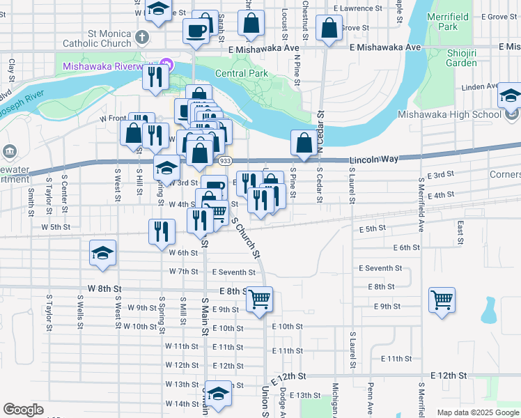 map of restaurants, bars, coffee shops, grocery stores, and more near 252-298 Union St in Mishawaka
