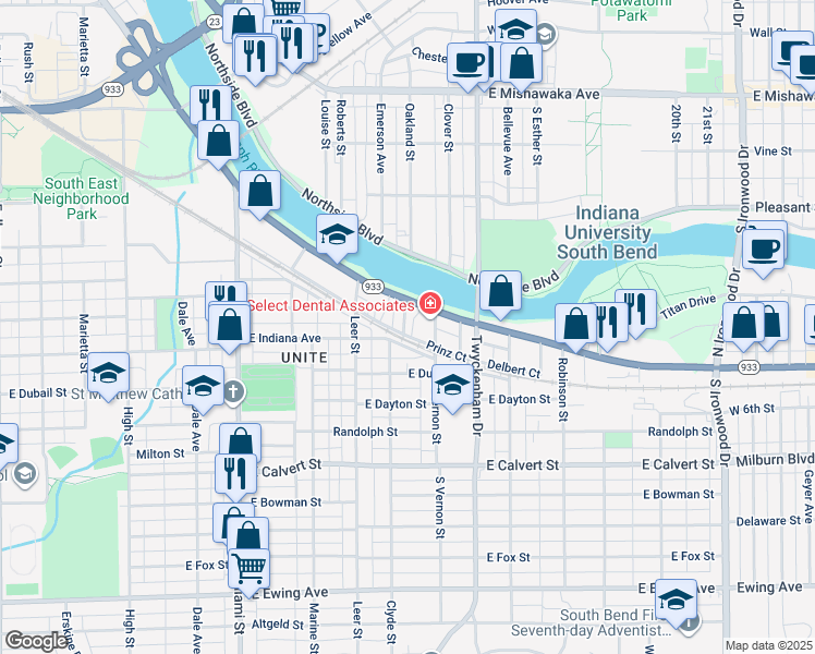 map of restaurants, bars, coffee shops, grocery stores, and more near 1334 Lincoln Way East in South Bend