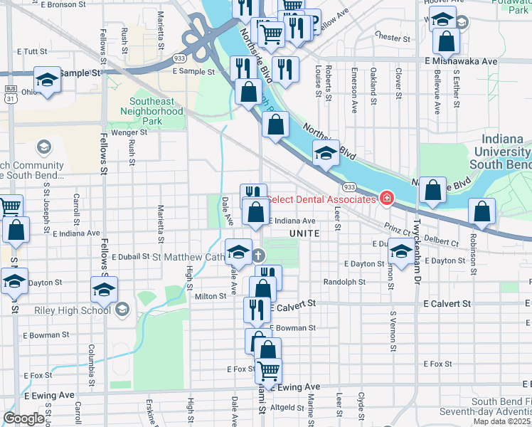 map of restaurants, bars, coffee shops, grocery stores, and more near 1421 Miami Street in South Bend