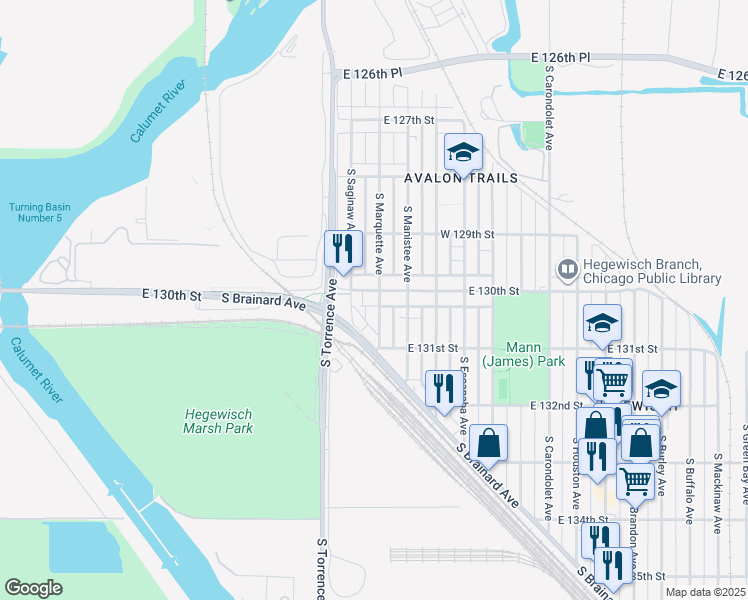 map of restaurants, bars, coffee shops, grocery stores, and more near 2738 East 130th Street in Chicago