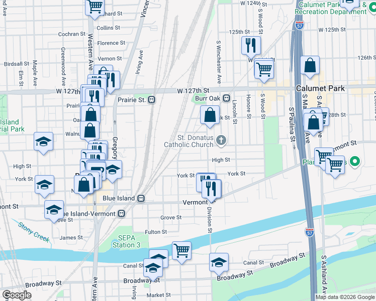 map of restaurants, bars, coffee shops, grocery stores, and more near 2034 Union Street in Blue Island