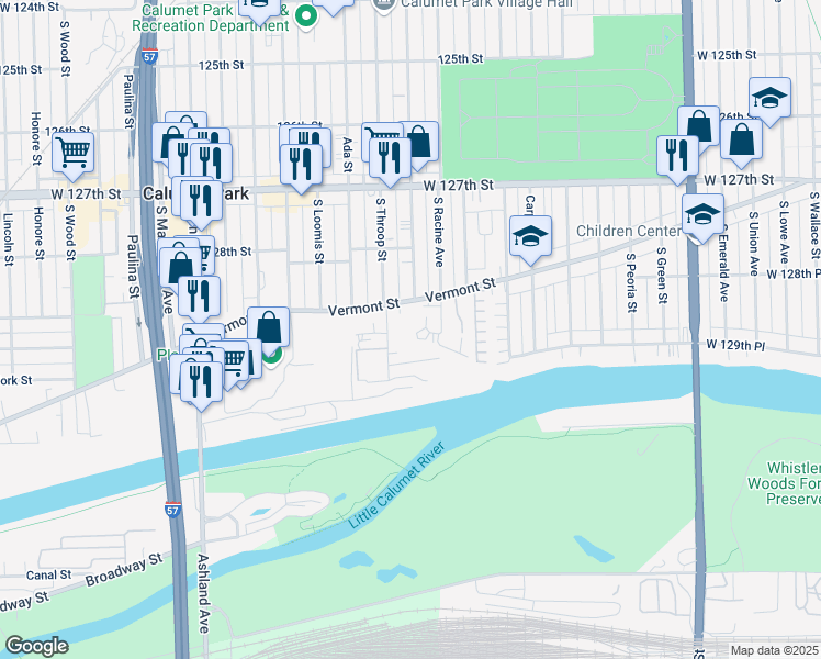 map of restaurants, bars, coffee shops, grocery stores, and more near 1233 Vermont Street in Calumet Park