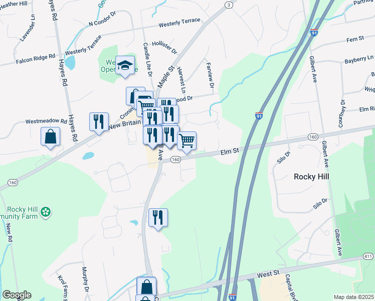 map of restaurants, bars, coffee shops, grocery stores, and more near 64 Little Oak Lane in Rocky Hill