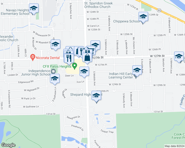 map of restaurants, bars, coffee shops, grocery stores, and more near 12806 South Mobile Avenue in Palos Heights