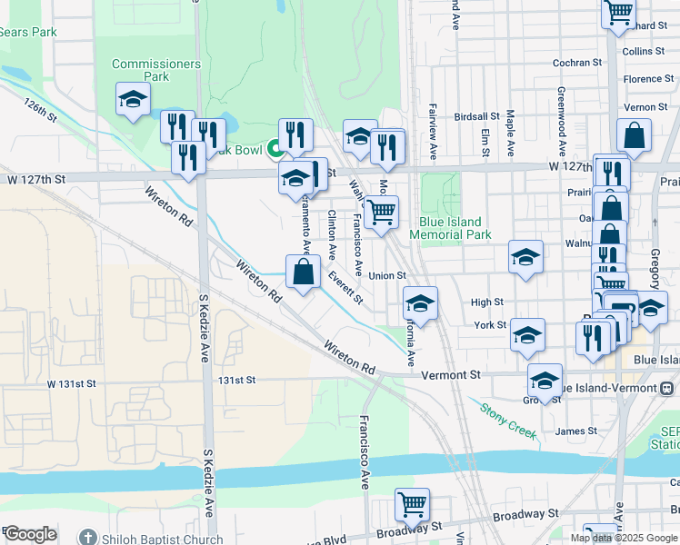 map of restaurants, bars, coffee shops, grocery stores, and more near 2948 Everett Street in Blue Island