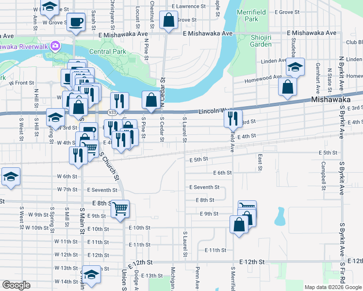 map of restaurants, bars, coffee shops, grocery stores, and more near 644 East 4th Street in Mishawaka