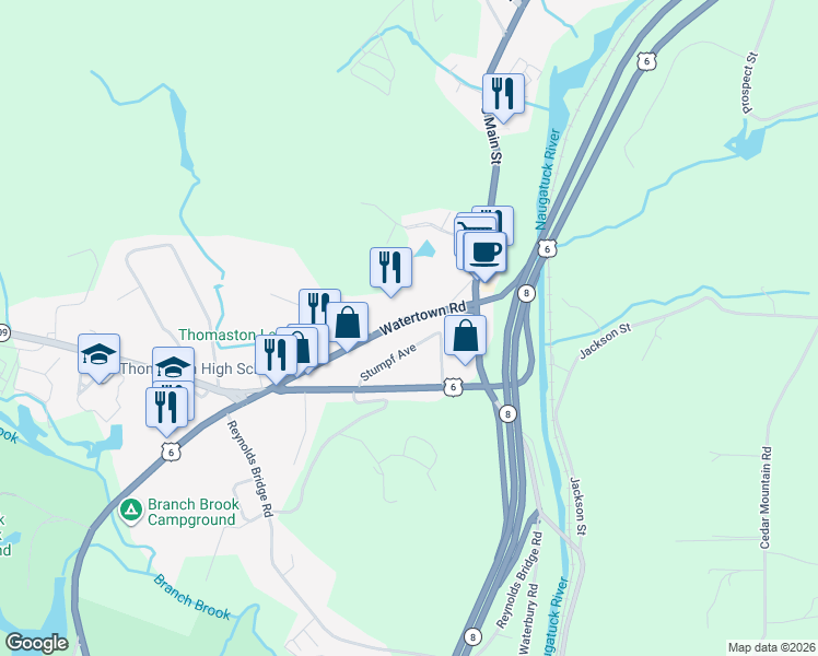 map of restaurants, bars, coffee shops, grocery stores, and more near 76 Watertown Road in Thomaston