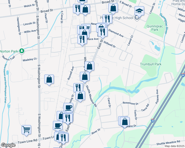 map of restaurants, bars, coffee shops, grocery stores, and more near 12 Spring Street in Plainville