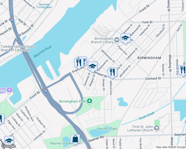 map of restaurants, bars, coffee shops, grocery stores, and more near 2014 Consaul Street in Toledo