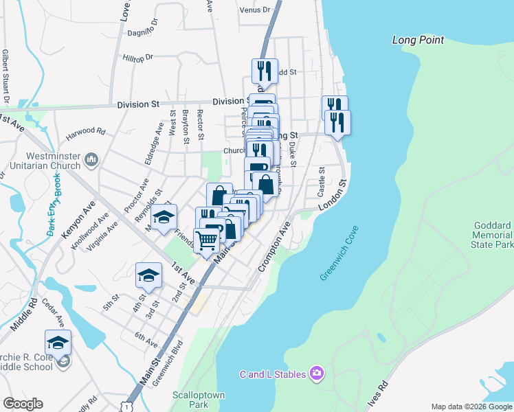 map of restaurants, bars, coffee shops, grocery stores, and more near 148 Peirce Street in East Greenwich