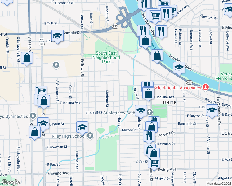 map of restaurants, bars, coffee shops, grocery stores, and more near 1417-1499 High Street in South Bend