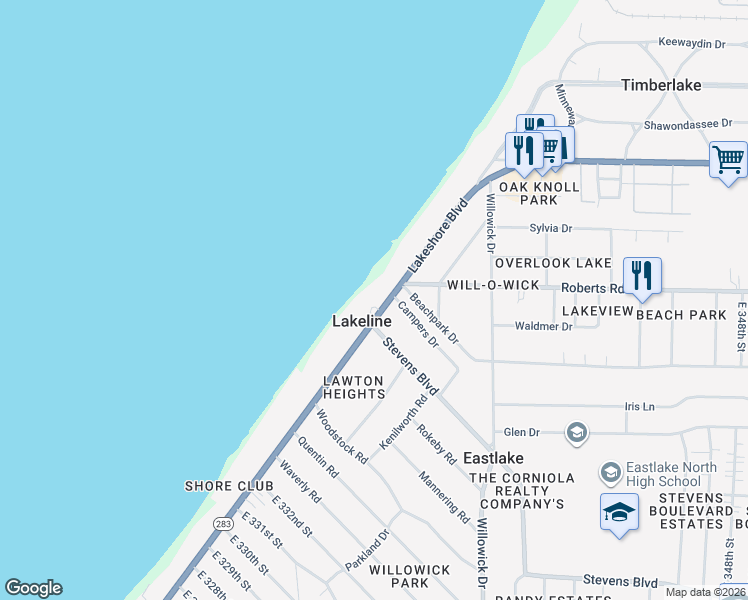 map of restaurants, bars, coffee shops, grocery stores, and more near 33807 Lakeshore Boulevard in Lakeline