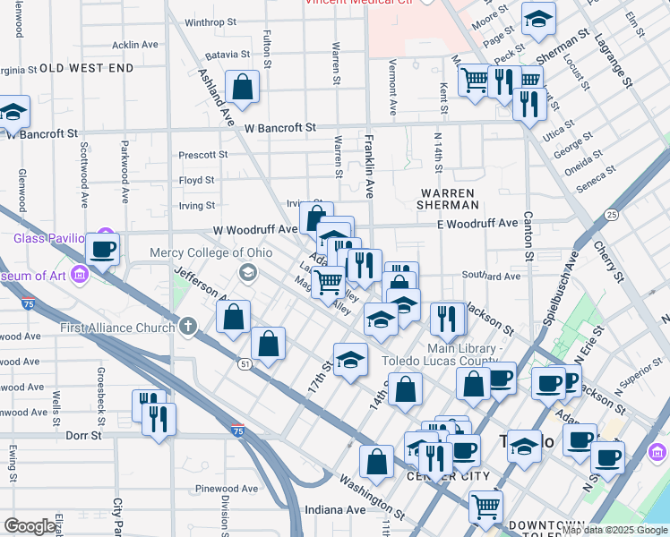 map of restaurants, bars, coffee shops, grocery stores, and more near 1830 Adams Street in Toledo
