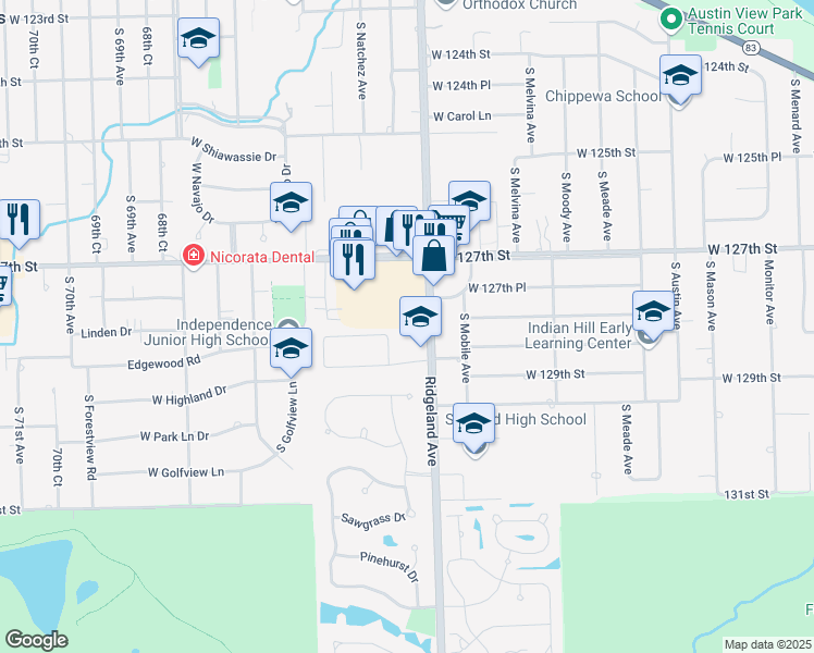 map of restaurants, bars, coffee shops, grocery stores, and more near 6401 West 127th Street in Palos Heights