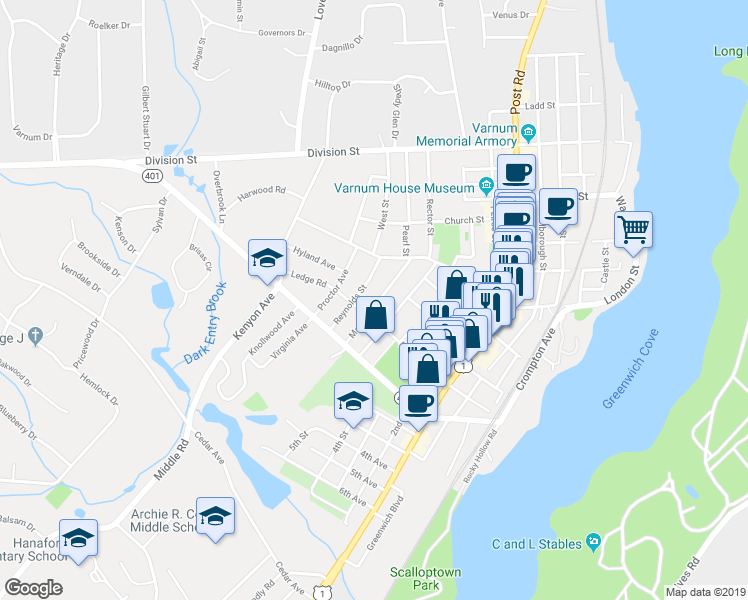 map of restaurants, bars, coffee shops, grocery stores, and more near 43 Reynolds Street in East Greenwich