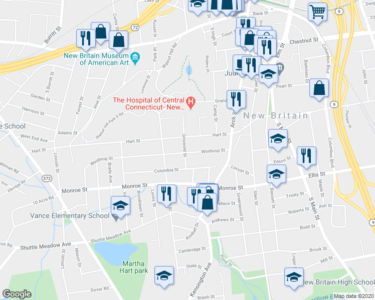 map of restaurants, bars, coffee shops, grocery stores, and more near 104 Hart Street in New Britain