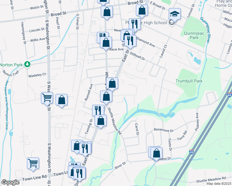 map of restaurants, bars, coffee shops, grocery stores, and more near Connecticut 10 in Plainville