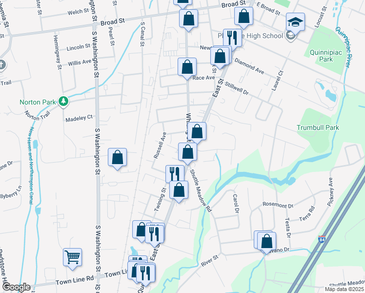 map of restaurants, bars, coffee shops, grocery stores, and more near 185 Whiting Street in Plainville