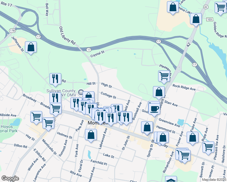 map of restaurants, bars, coffee shops, grocery stores, and more near 44 Cottage Street in Monticello