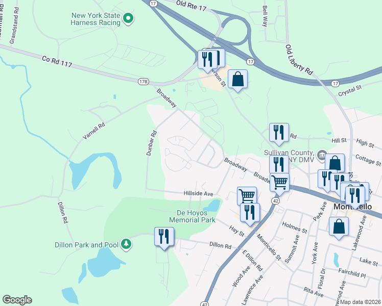 map of restaurants, bars, coffee shops, grocery stores, and more near 67 Moon Manor Road in Monticello