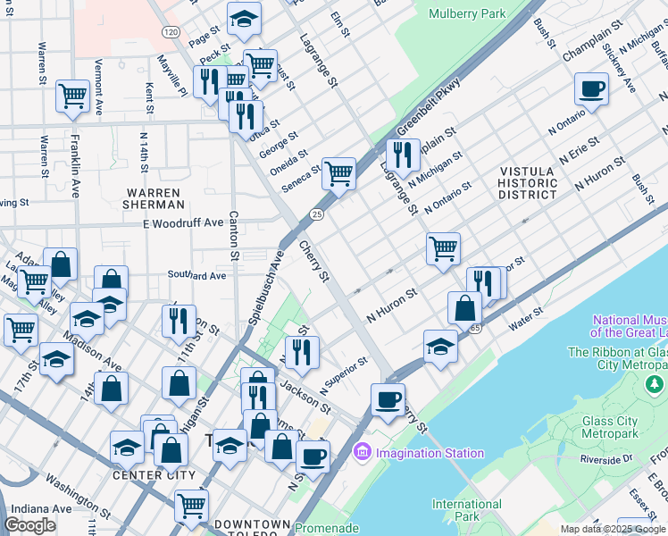 map of restaurants, bars, coffee shops, grocery stores, and more near in Toledo