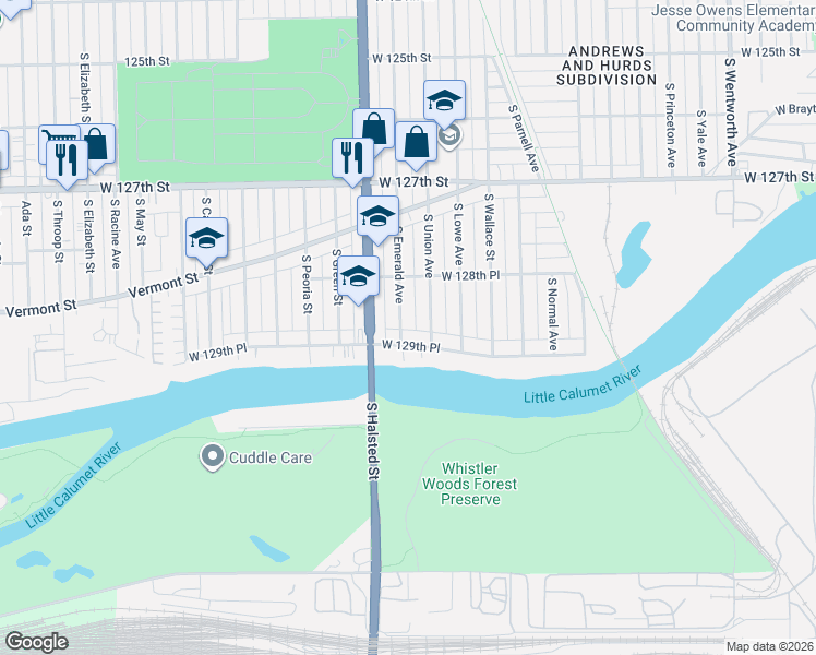 map of restaurants, bars, coffee shops, grocery stores, and more near 12900 South Emerald Avenue in Chicago
