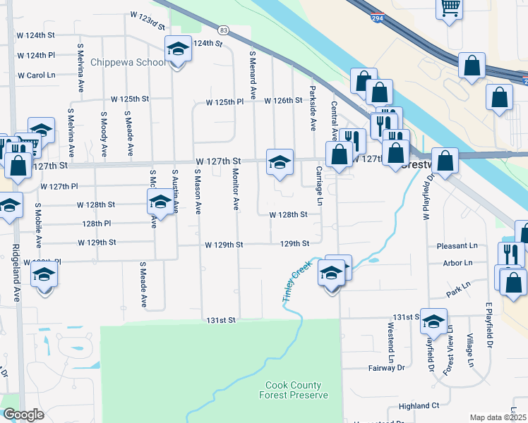 map of restaurants, bars, coffee shops, grocery stores, and more near 5744 West 128th Street in Crestwood