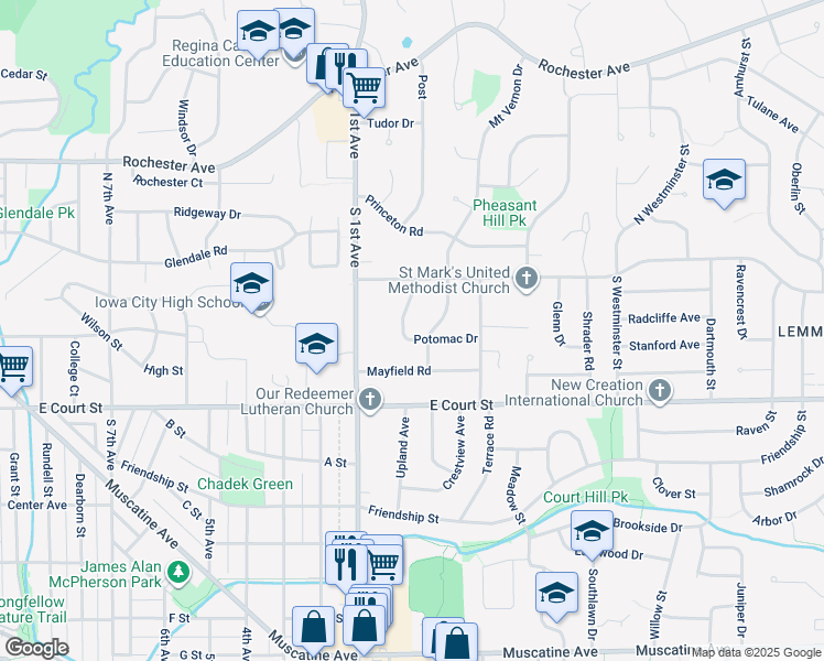 map of restaurants, bars, coffee shops, grocery stores, and more near 120 Potomac Drive in Iowa City